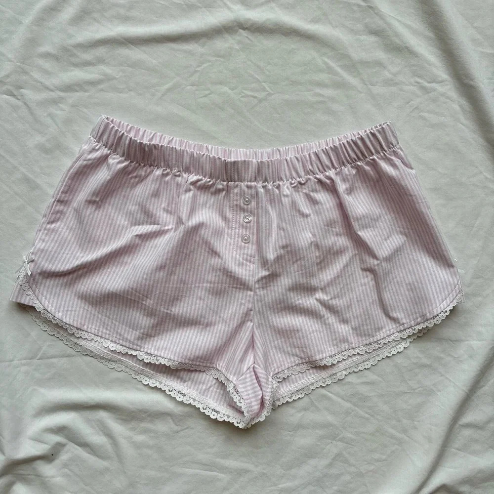 New pink and white pinstripe mini shorts boxers with coquette floral lace trim